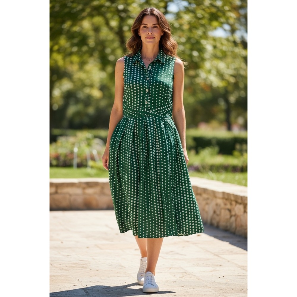 NWT 11 1 Tylho Polka Dot Green Sleeveless Shirt Dress Midi Fit Flare Size Small